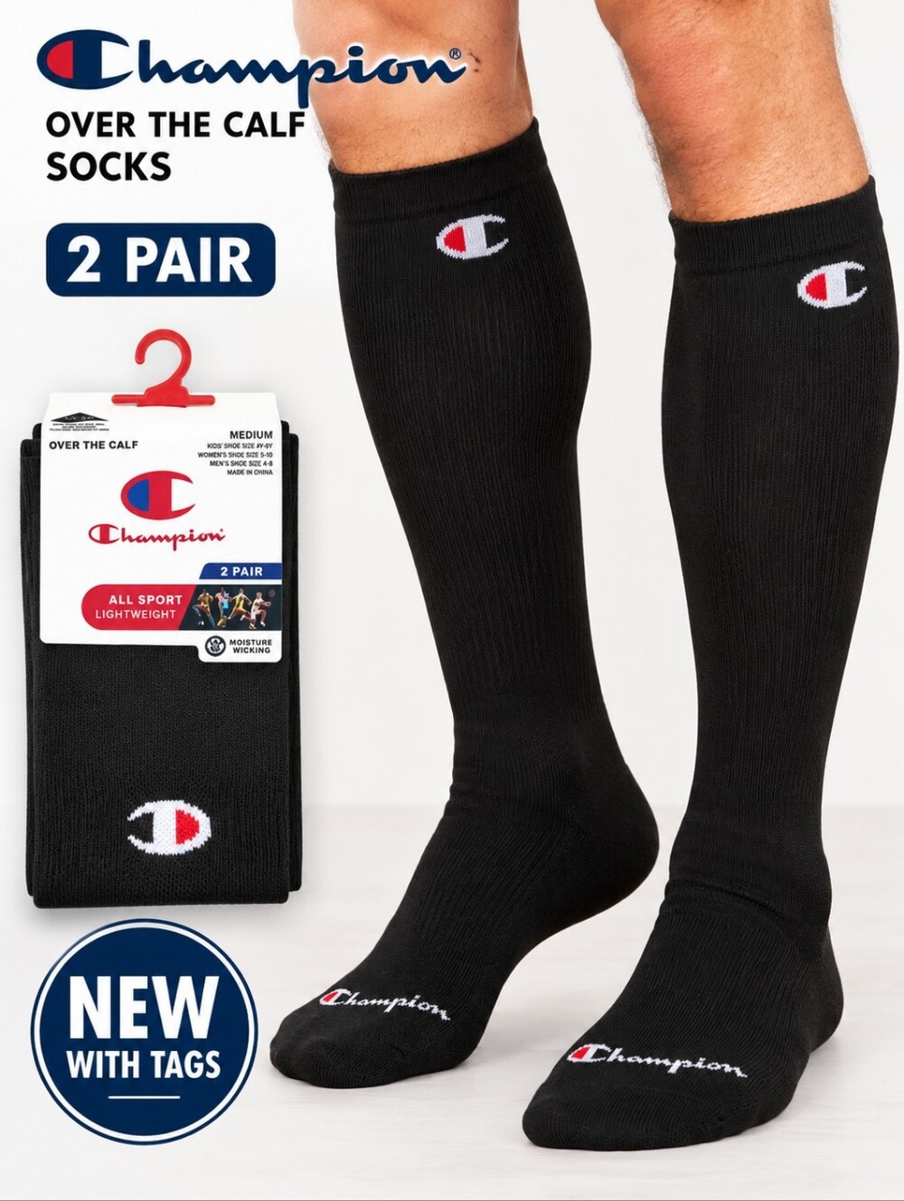 Champion All Sport Performance Over the Calf Socks 2pk Black Medium NWT